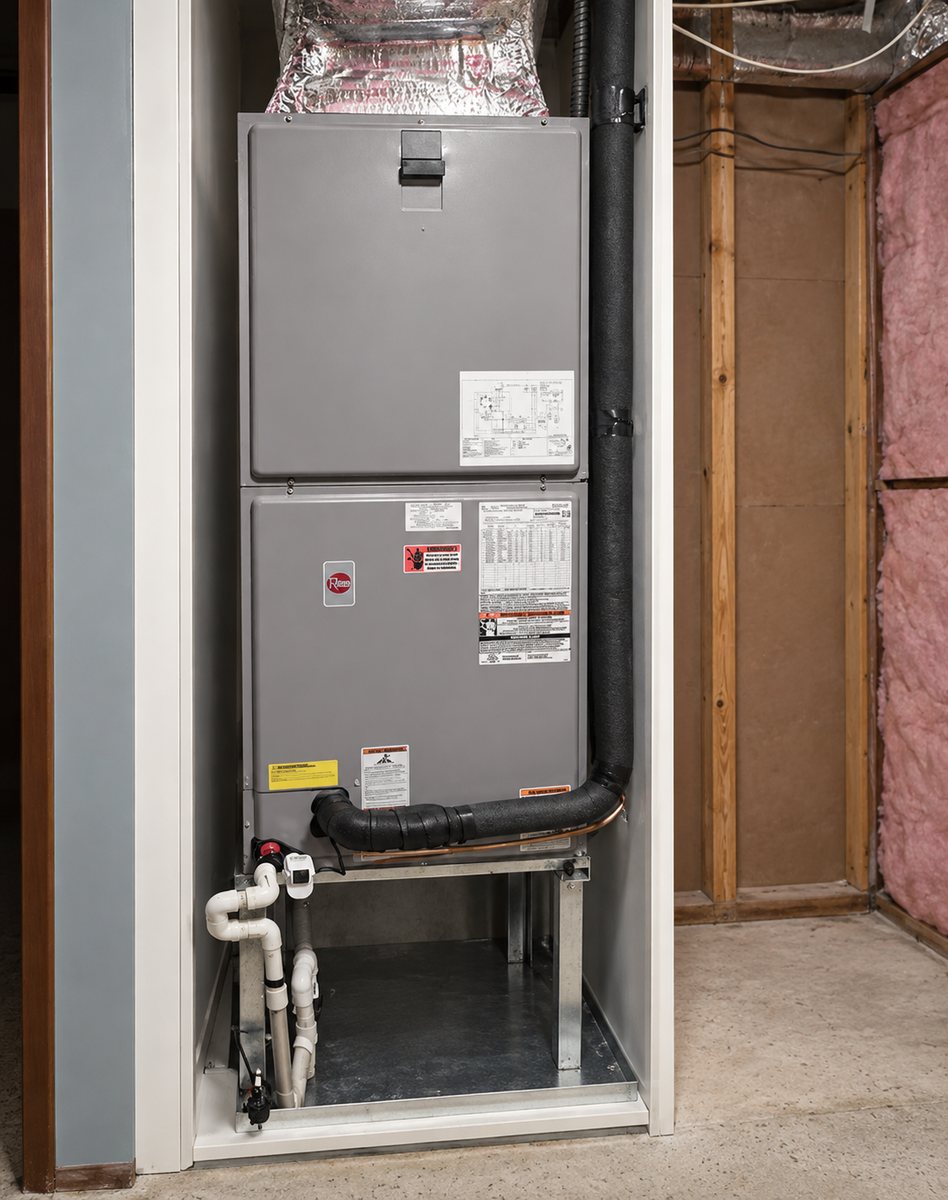 Finished Rheem air handler install — closet-mounted on a platform stand with supply plenum below, insulated suction line, and P-trapped condensate drain with float switch